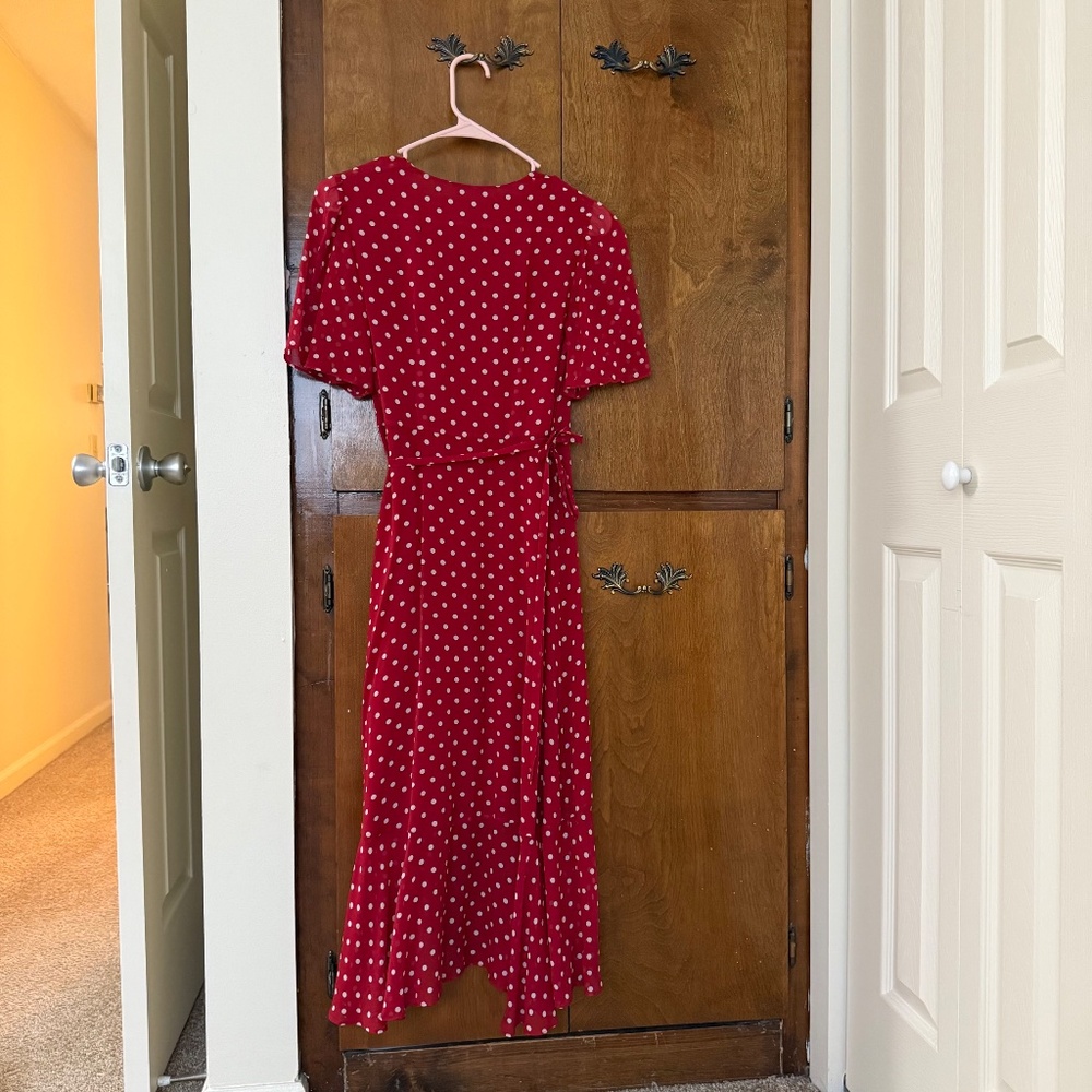 10 Momme Mulberry Silk Polka Dots Print Wrapped Ruffle Women Midi Dress - Xxs View 5
